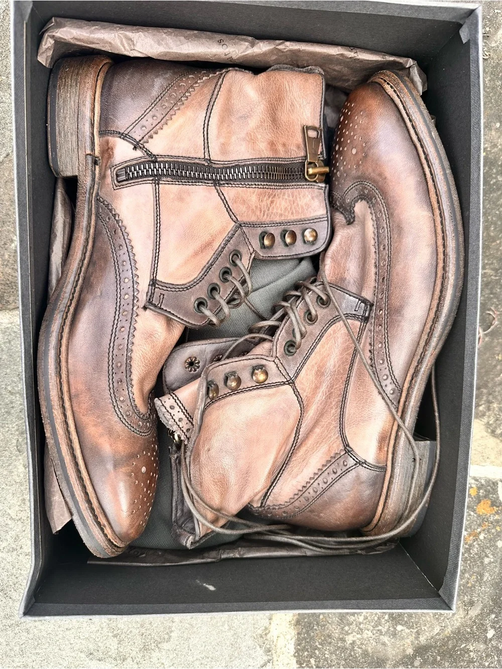 John Varvatos Brown Leather Brogue Lace-Up Boot